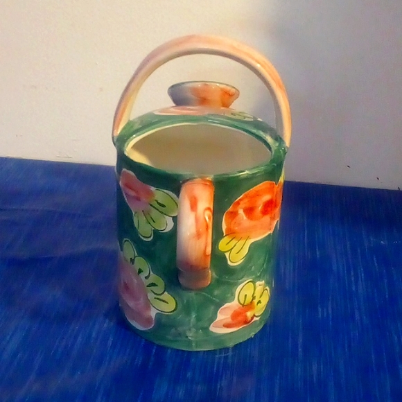 Ceramic watering can green with pink flowers - Picture 4 of 7